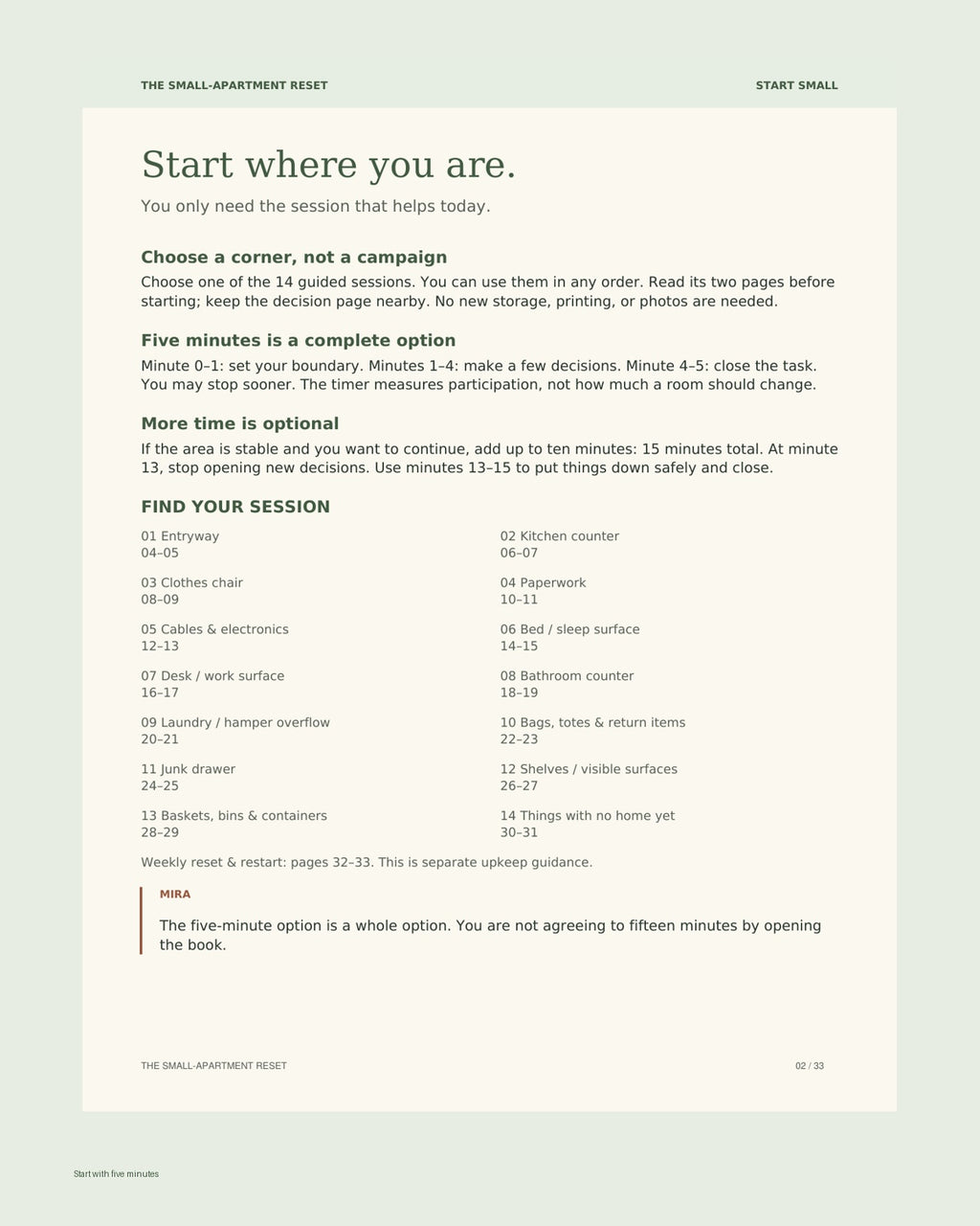 How the Reset Works: five-minute start and optional continuation
