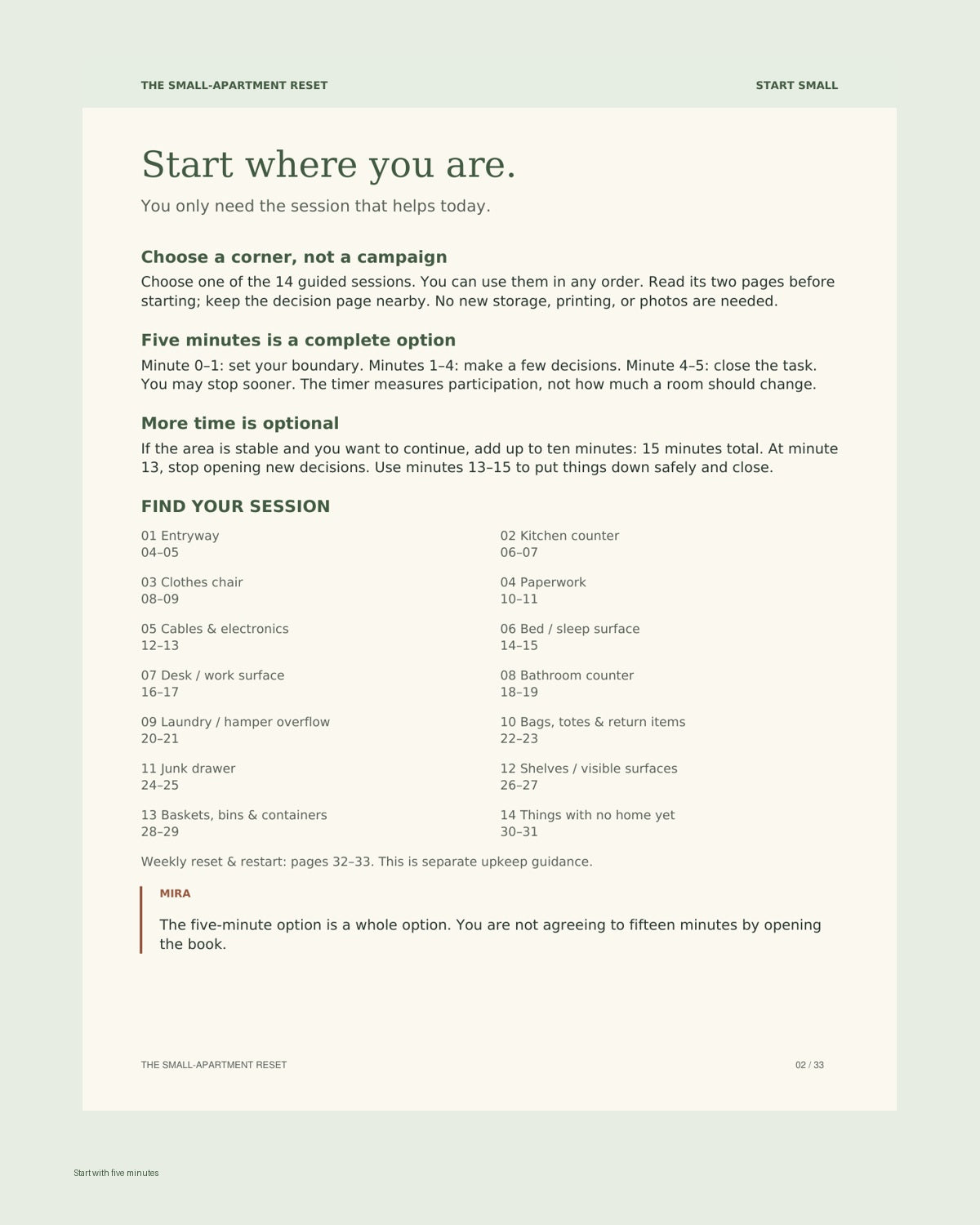 How the Reset Works: five-minute start and optional continuation