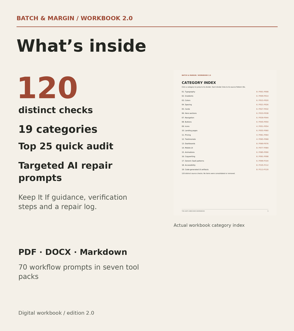 Workbook contents: 120 checks, 19 categories, Top 25 quick audit, repair prompts and editable files.