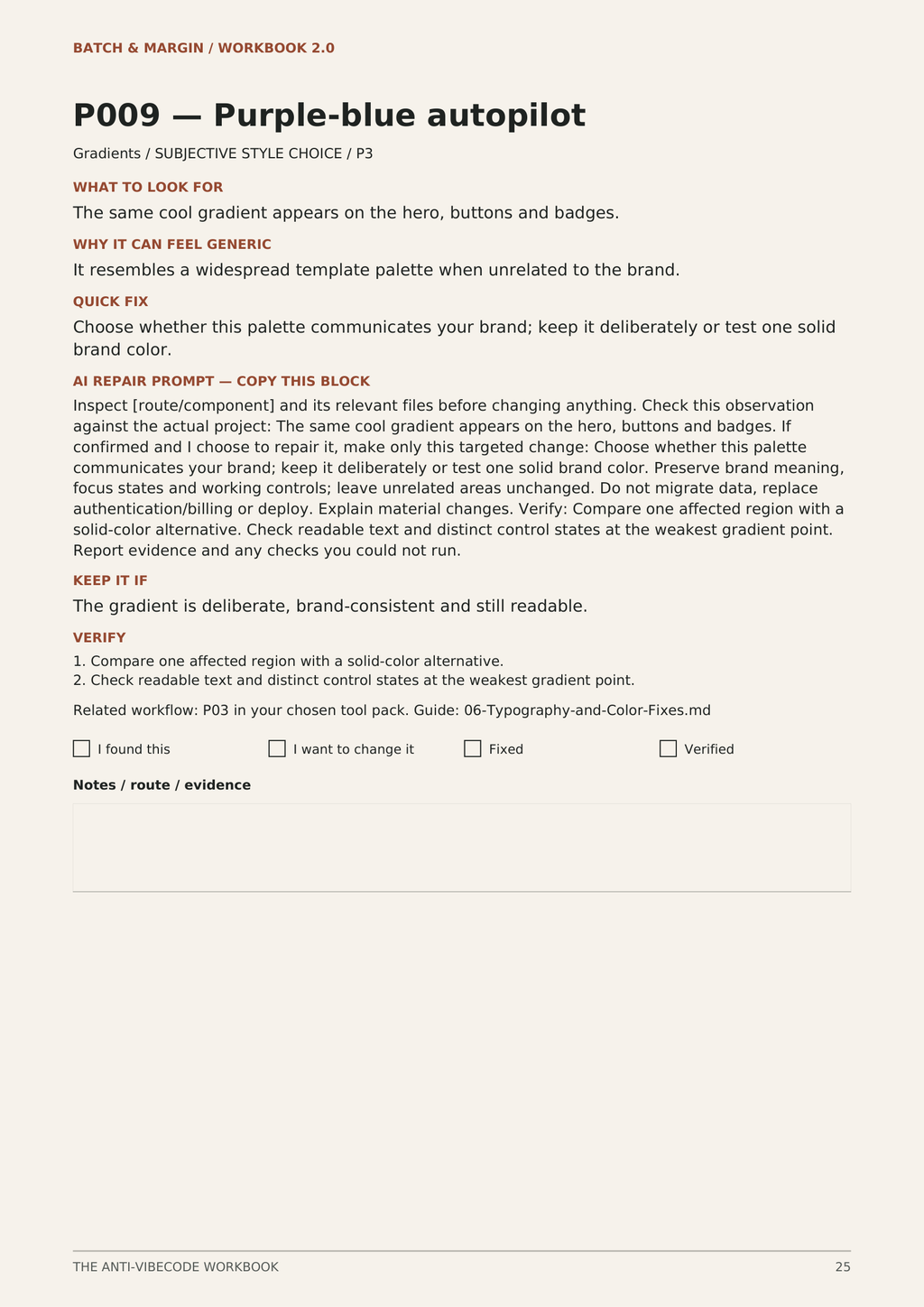 Actual workbook page 25: P009 Purple-blue autopilot, keep guidance, targeted repair prompt and verification.