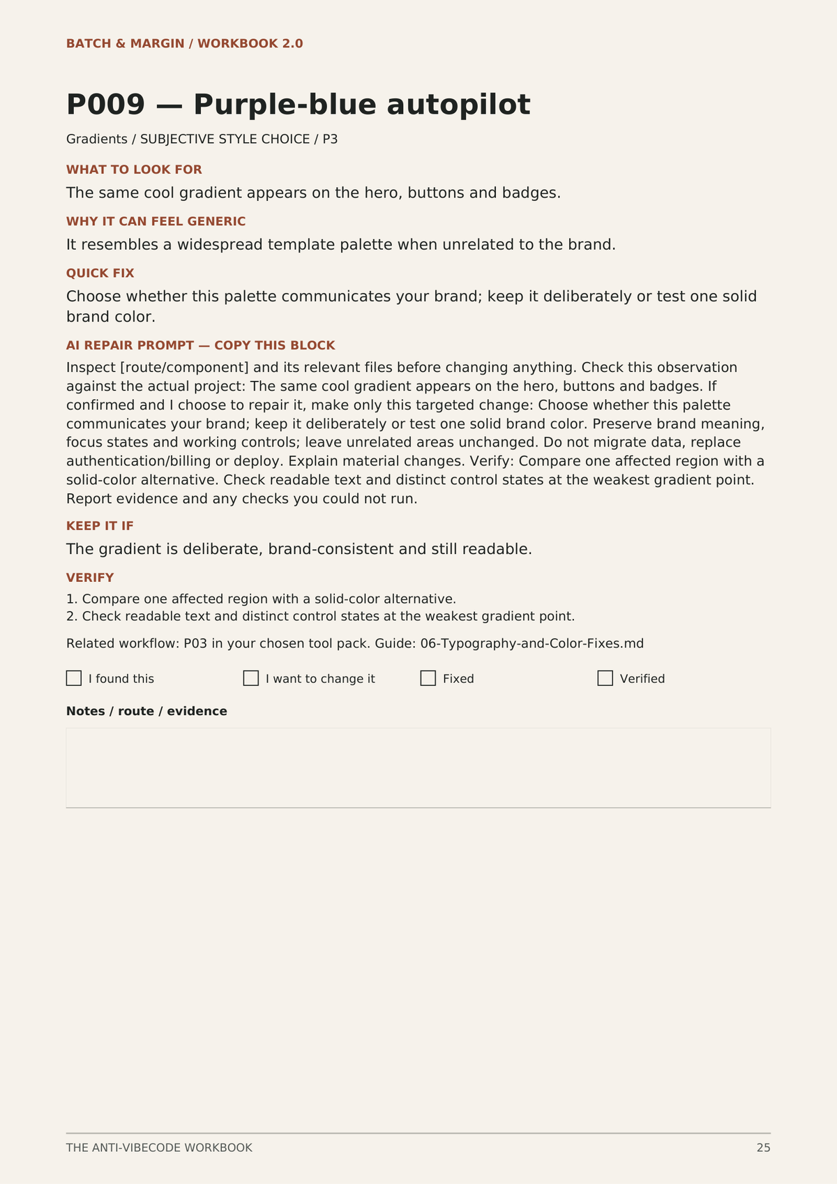 Actual workbook page 25: P009 Purple-blue autopilot, keep guidance, targeted repair prompt and verification.